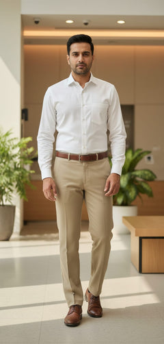 Men’s American Formal Ankle Length Pants – Modern Slim Fit Office Wear Cream