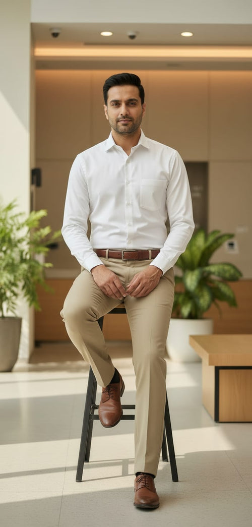 Men’s American Formal Ankle Length Pants – Modern Slim Fit Office Wear Cream