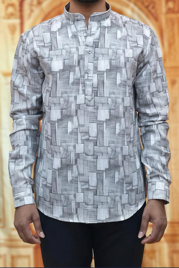 Tatvivah Ashton Printed Mandarin Collar Short Kurta Light Grey