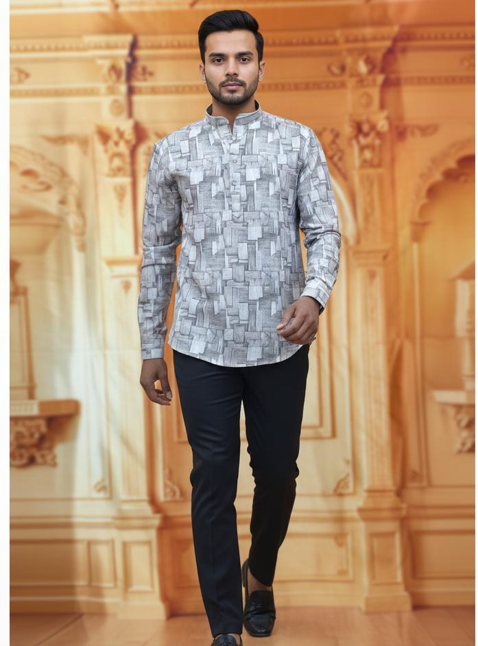 Tatvivah Ashton Printed Mandarin Collar Short Kurta Light Grey