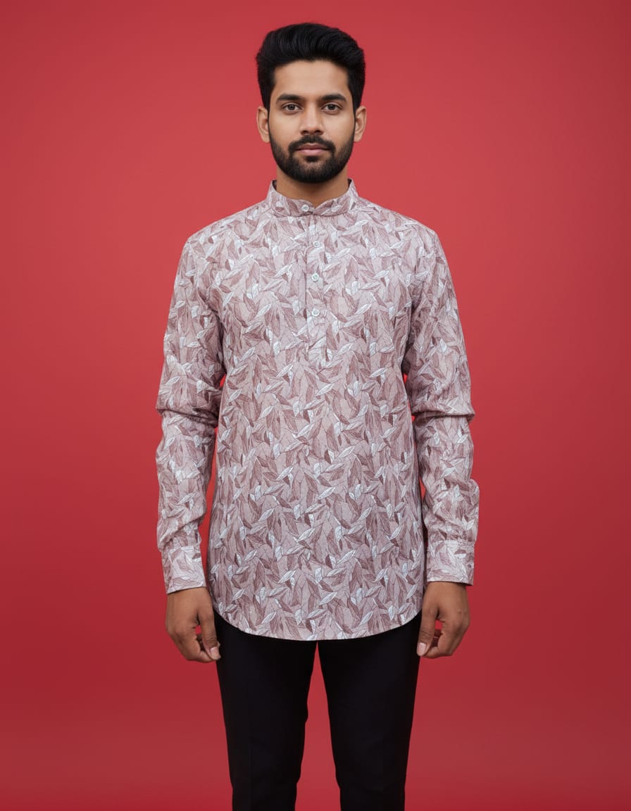 Tatvivah Ashton Printed Mandarin Collar Short Kurta White base with elegant coffee color