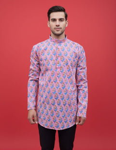 Tatvivah Ashton Printed Mandarin Collar Short Kurta White base with elegant baby pink