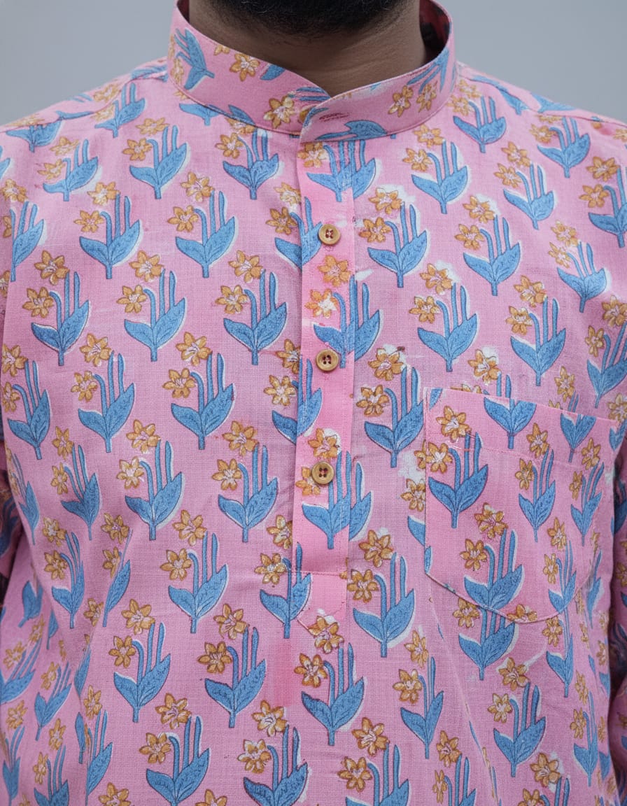 Tatvivah Ashton Printed Mandarin Collar Short Kurta White base with elegant baby pink