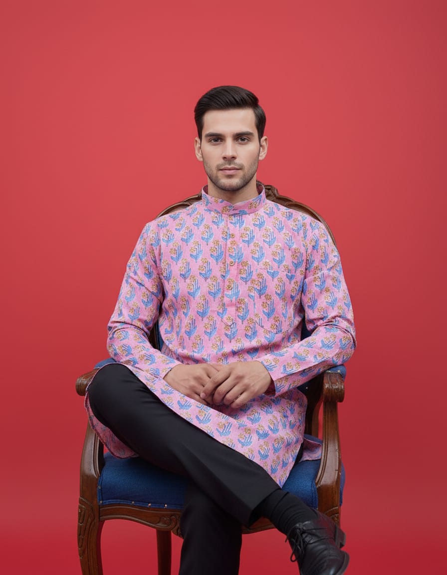 Tatvivah Ashton Printed Mandarin Collar Short Kurta White base with elegant baby pink