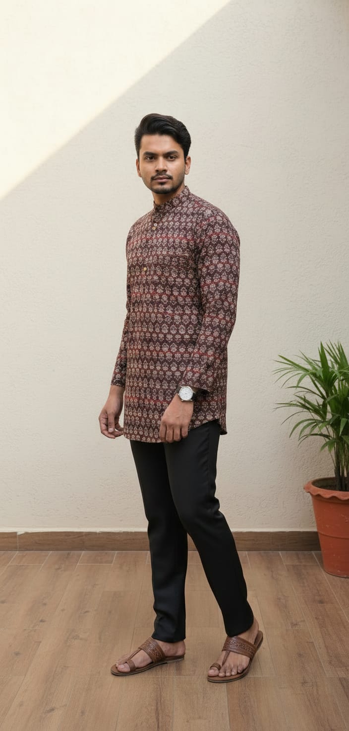 Tatvivah Ashton Printed Mandarin Collar Short Kurta Maroon base with elegant green and white