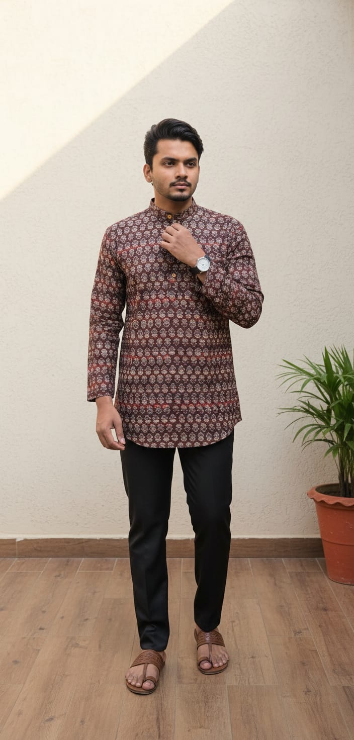 Tatvivah Ashton Printed Mandarin Collar Short Kurta Maroon base with elegant green and white