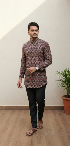 Tatvivah Ashton Printed Mandarin Collar Short Kurta Maroon base with elegant green and white