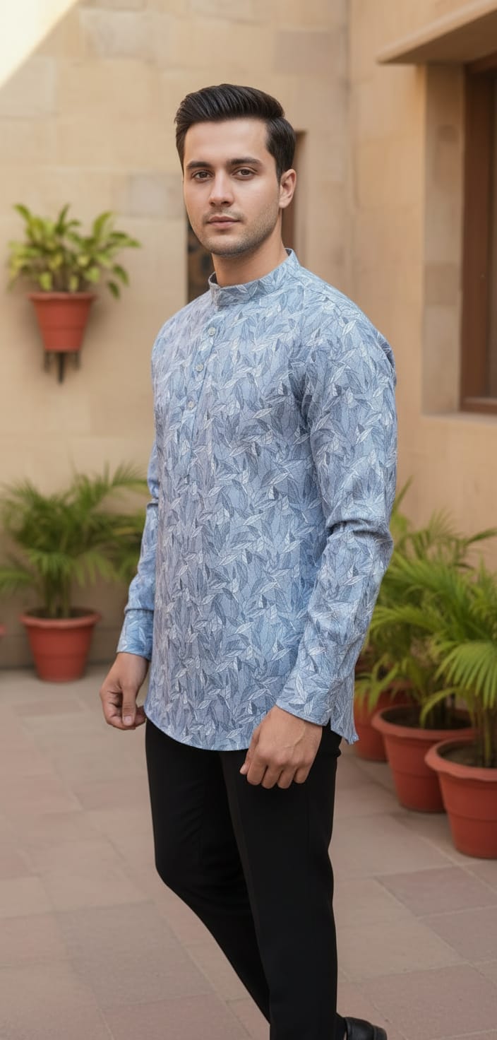 Tatvivah Ashton Printed Mandarin Collar Short Kurta Rama color base with elegant white