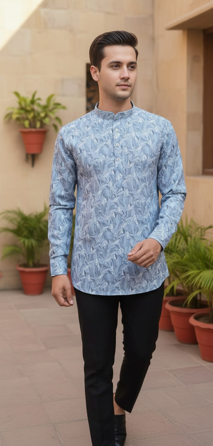 Tatvivah Ashton Printed Mandarin Collar Short Kurta Rama color base with elegant white